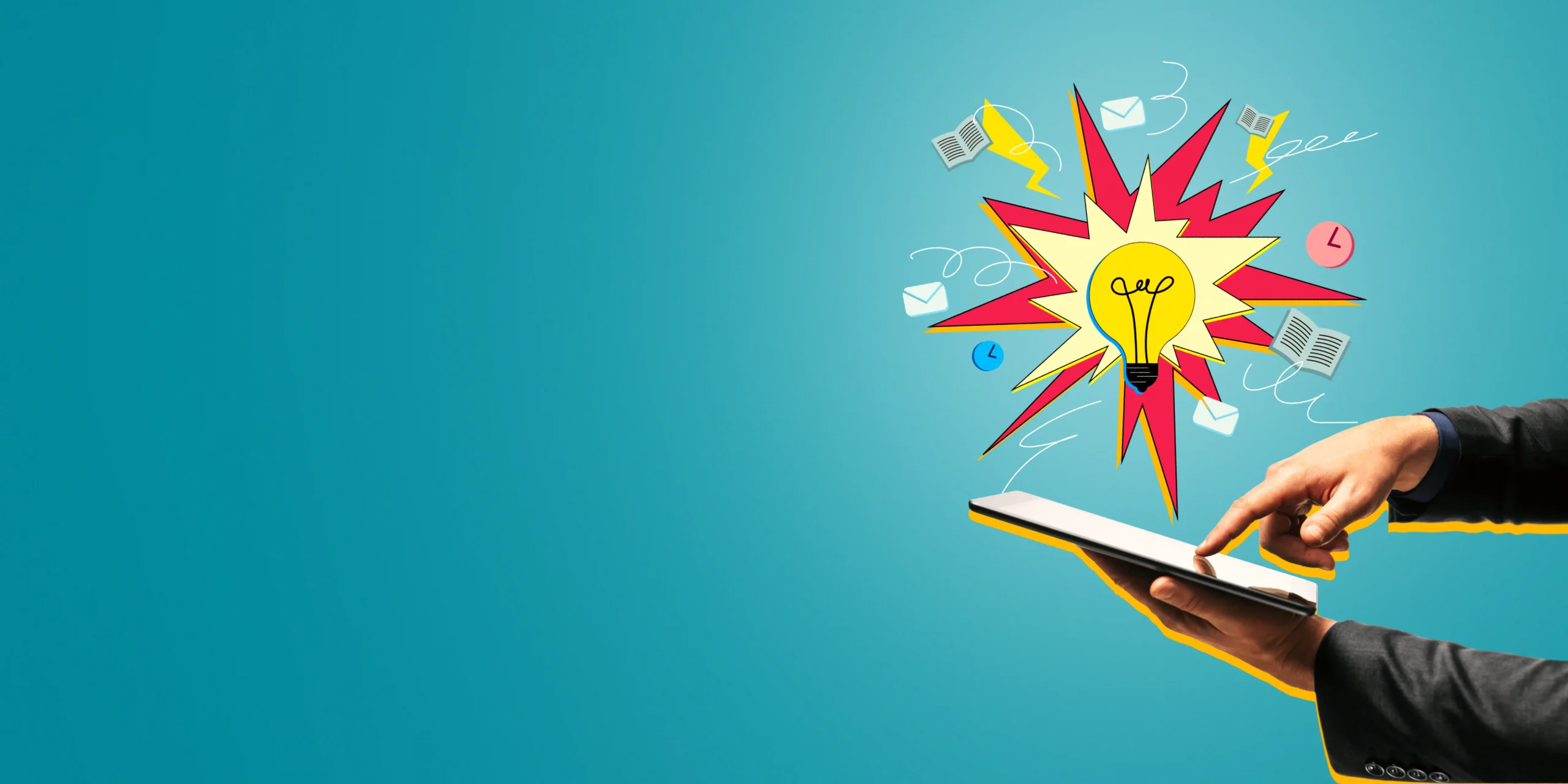 businessman-using-tablet-with-pop-art-lightbulb-icons-blue-background-concept-technology-creativity