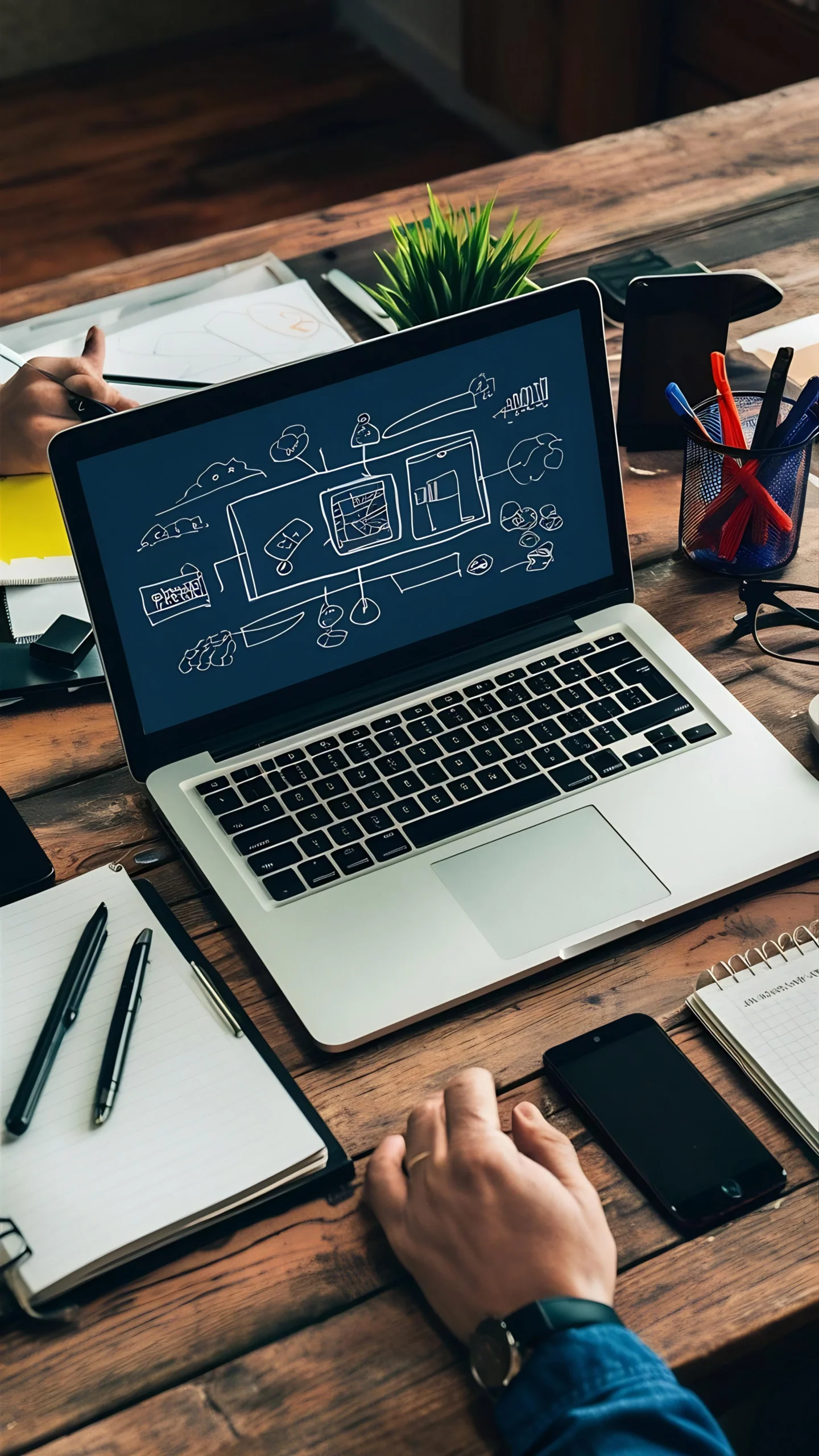 open-laptop-with-diagram-glasses-mobile-office-supplies