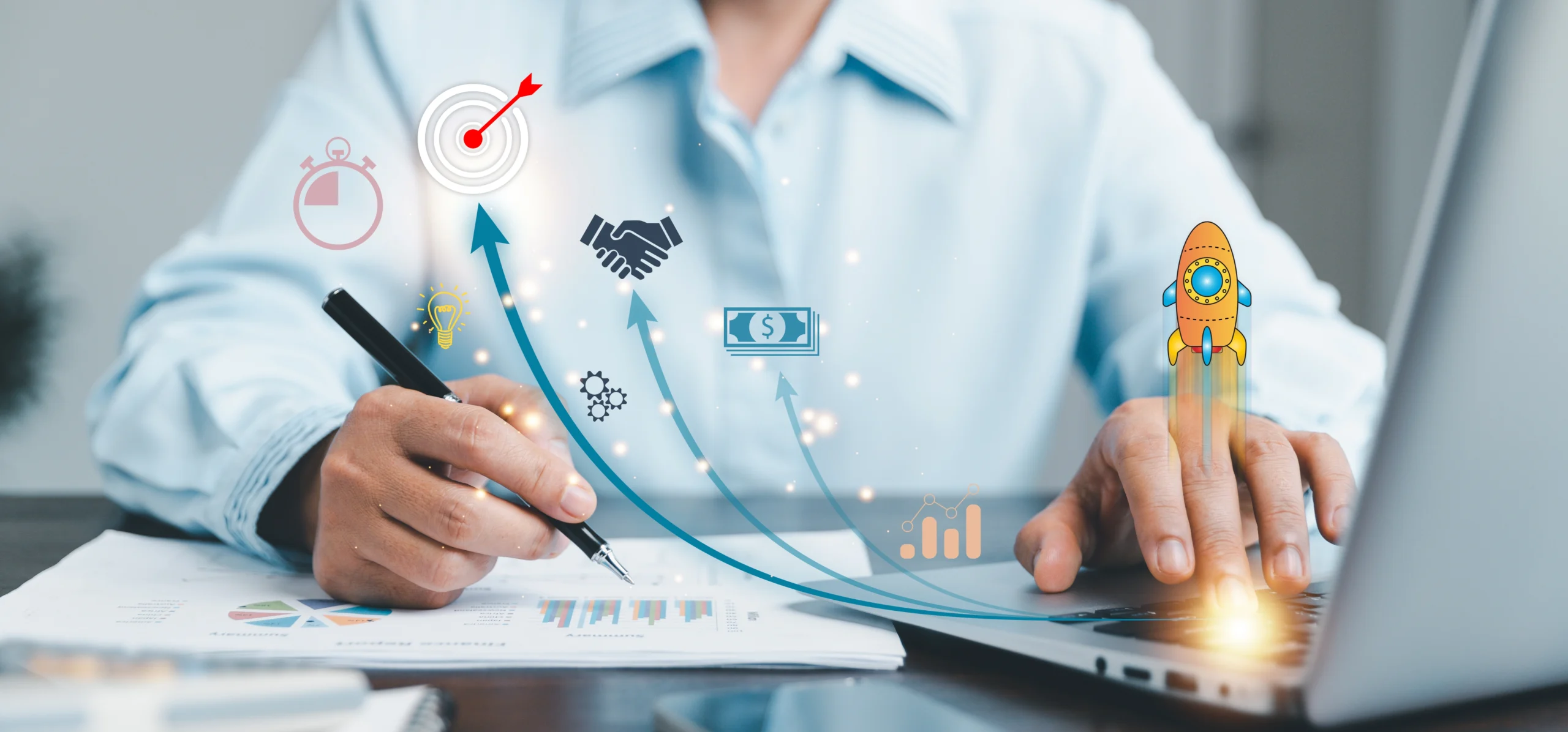 startup-concept-with-icon-business-network-connection-modern-virtual-interface-from-laptop-computer-people-hand-touching-tabletdeveloping-improving-organization-with-modern-technology