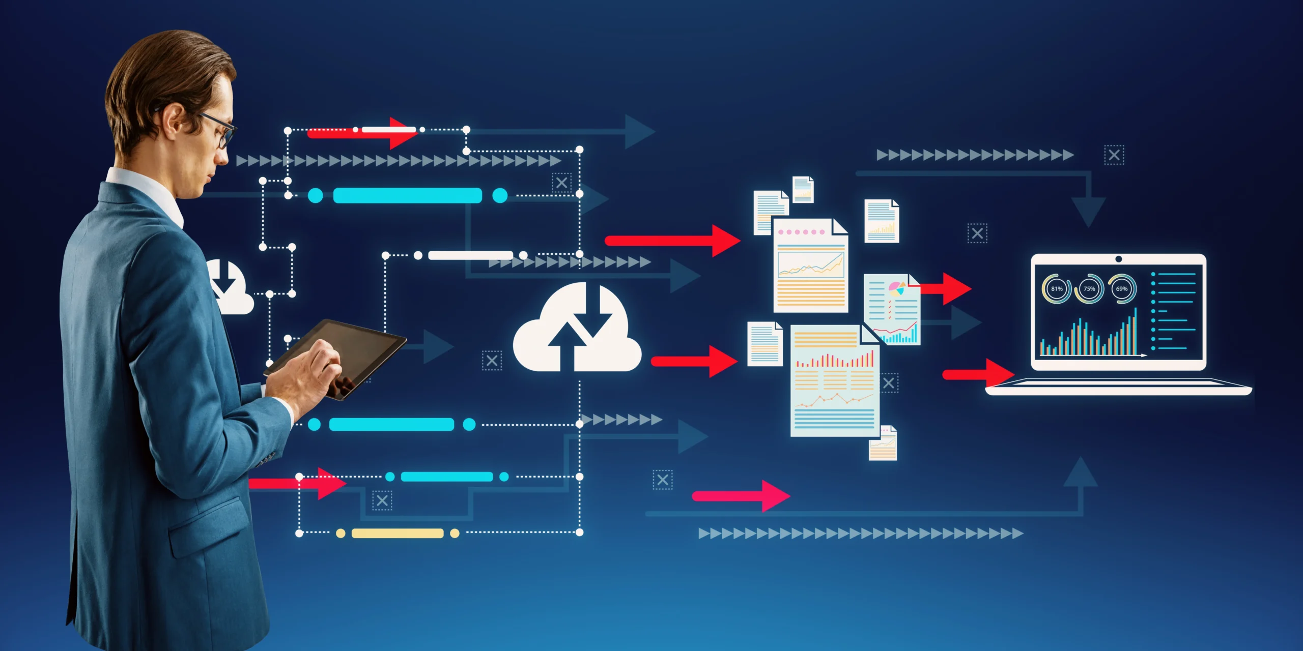 young-european-businessman-using-tablet-with-creative-big-data-transfer-digital-transformation-hologram-blue-background